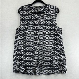 Jones New York Women’s Top Blouse Sz Large Black/White/Gray Polyester V-Neck